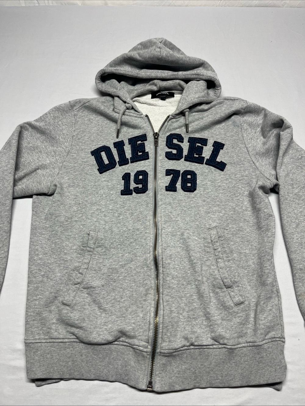 Diesel Light Gray Zip-Up Hoodie with Navy Applique